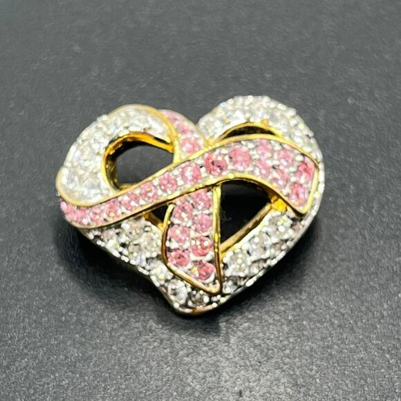 Swarovski Signed SWAN Goldtone Crystals Breast Cancer Ribbon Hope & Heart Brooch - Picture 2 of 6